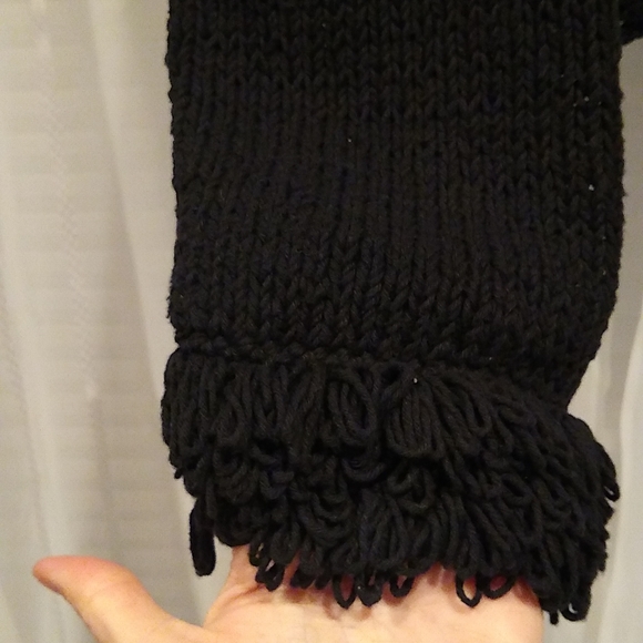 Black Sweater Hand Made knit loop fringe button-down cardigan, L - Picture 3 of 10